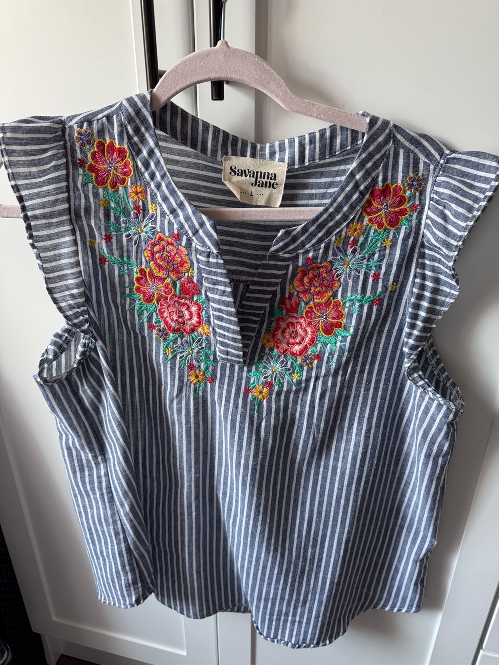 Savanna Jane Blue and White Striped Sleeveless Top with Floral Embroidery